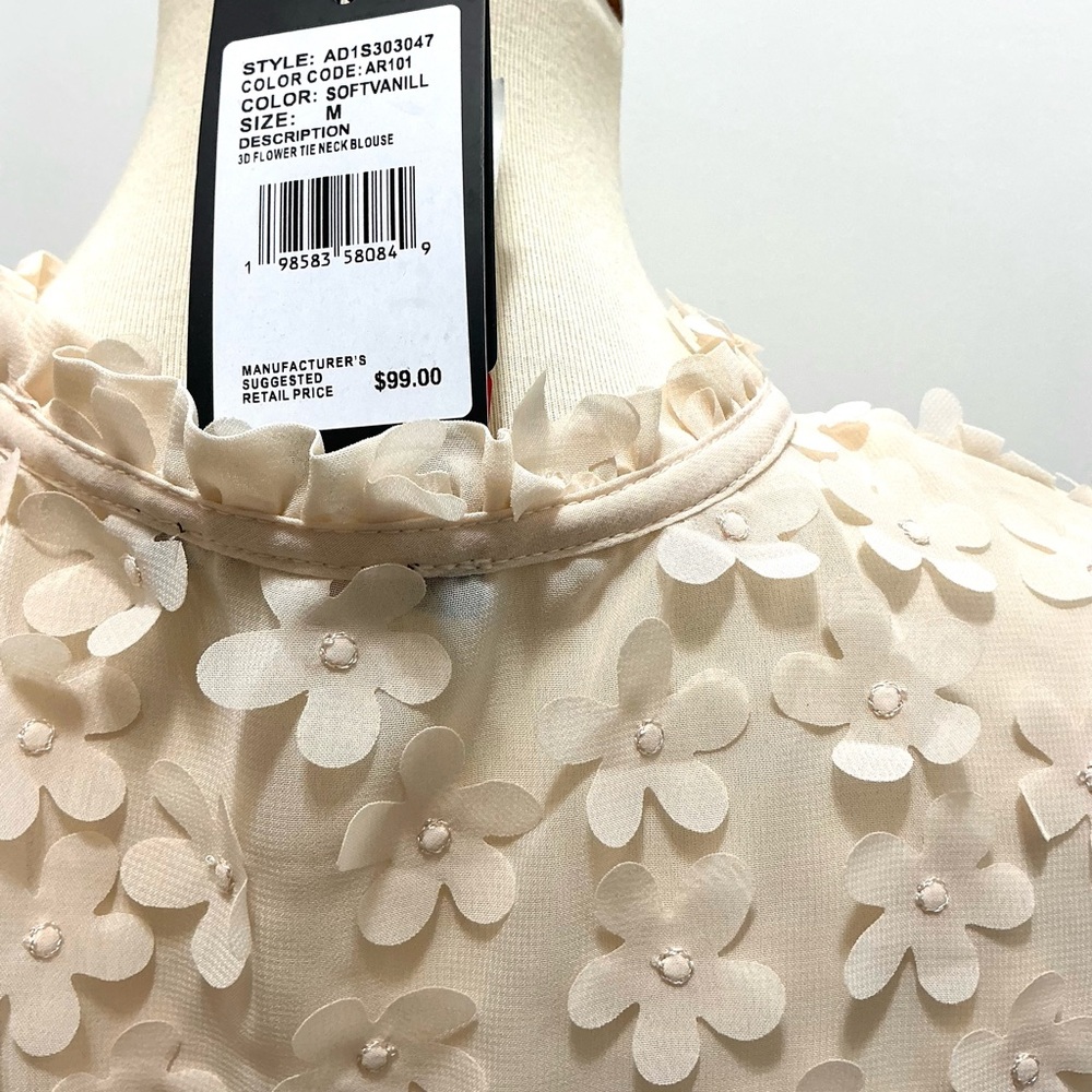 Adrianna Papell 3D Flower Tie Neck Sheer Blouse M Vanilla - Picture 9 of 9
